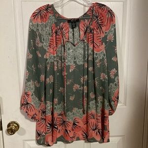 Style & Co. Green and Coral Floral Peasant Blouse
